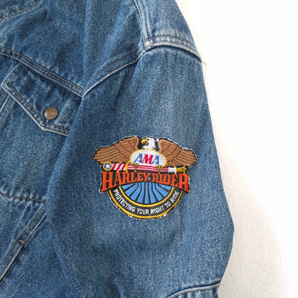Calvin Klein Denim Jacket Blue L Harley Davidson Biker Trucker Vintage Patched - Picture 13 of 16